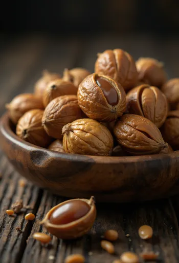 Καρύδια Οκάρι (Tonka beans) με τη χαρακτηριστική ζαρωμένη υφή τους.