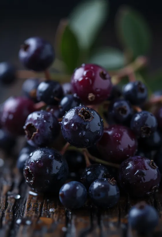 Καρποί μαύρου σαμπούκου, έντονο σκούρο μωβ χρώμα και γυαλιστερή επιφάνεια
