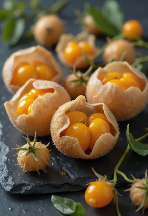 Καρποί φυσαλίδας (Physalis) με έντονο πορτοκαλί χρώμα και τον χαρακτηριστικό χάρτινο κάλυκα