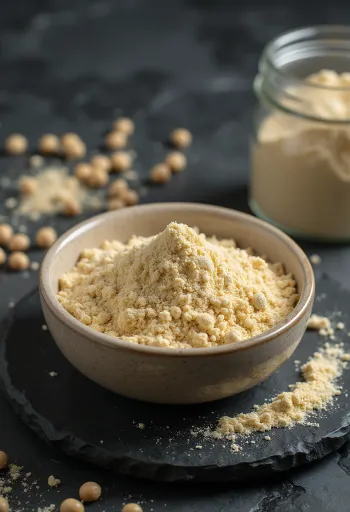 Σκόνη πρωτεΐνης αρακά σε μπολ με κίτρινα μπιζέλια