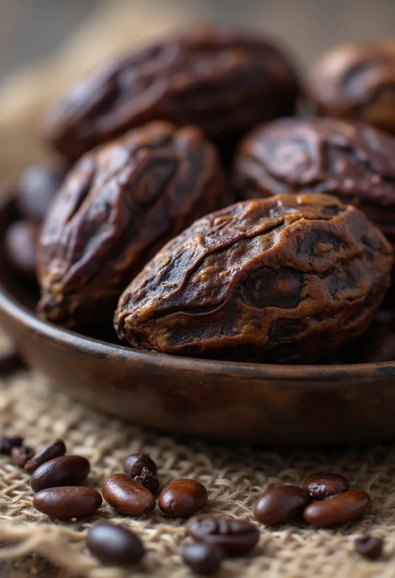 Ωμοί κόκκοι κακάο και καρποί σε φυσική μορφή