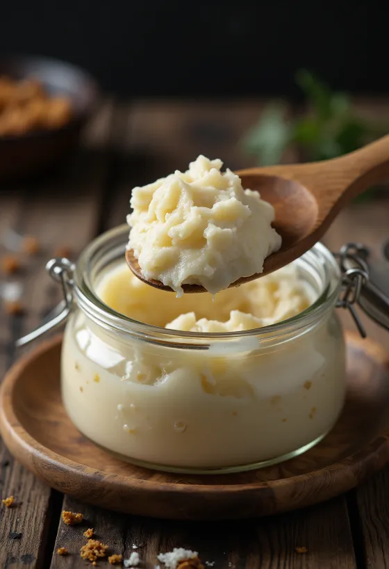 Ωμό λίπος πάπιας σε γυάλινο μπολ, με κομμάτια λίπους