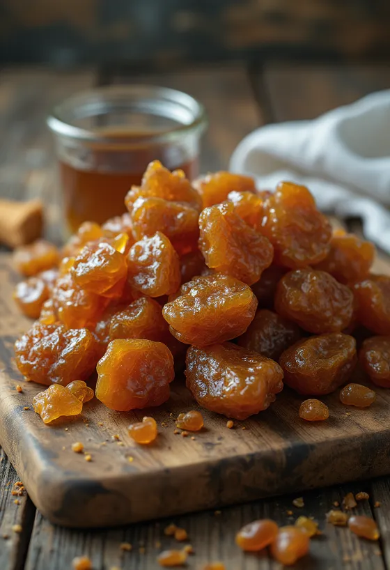 Κομμάτια ακατέργαστης πρόπολης σε ξύλινη επιφάνεια