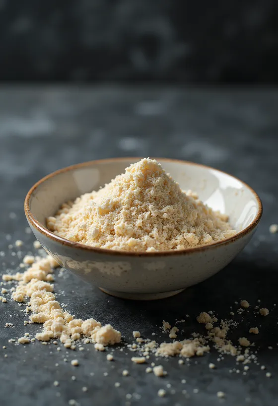 Σκόνη ωμής πρωτεΐνης ρυζιού σε μπεζ χρώμα σε μπολ, δίπλα σε καστανό ρύζι