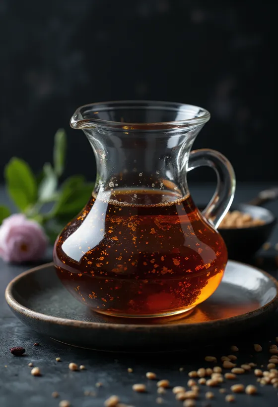 Σκούρο καβουρδισμένο σησαμέλαιο σε γυάλινο μπουκάλι με σπόρους σουσαμιού