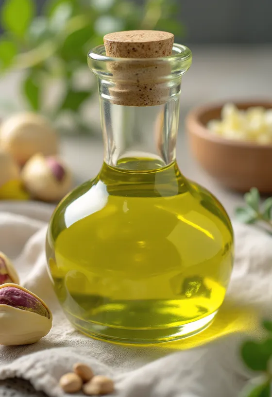 Μπουκαλάκι με φιστικέλαιο και μπολ με καθαρισμένα φιστίκια δίπλα