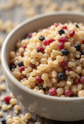 Μίγμα ωμής κινόα σε κεραμικό μπολ πάνω σε ξύλο