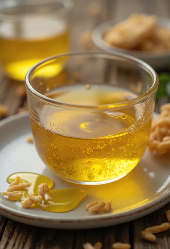 Λάδι ρυζιού σε μπουκάλι, με κόκκους ρυζιού και πίτουρο σε φυσικό φόντο