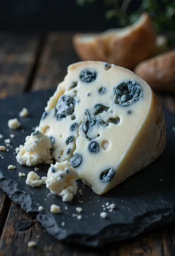 Φρέσκο τυρί Roquefort σε λευκό μπολ, ξύλινο τραπέζι