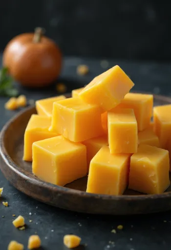 Κίτρινο τυρί Cheddar σε λευκό μπολ πάνω σε ξύλινη επιφάνεια