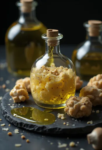 Λάδι τρούφας σε μικρό μπουκάλι, με φέτες τρούφας και σερβιρισμένο