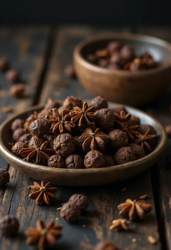 ολόκληροι κόκκοι μπαχαριού σε ξύλινο μπολ και επιφάνεια