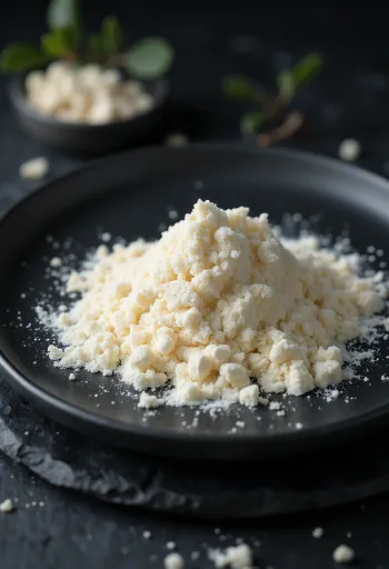 Αλεύρι σπόρων χαρουπιού σε κεραμικό μπολ και κουτάλα, δίπλα σε καρπούς