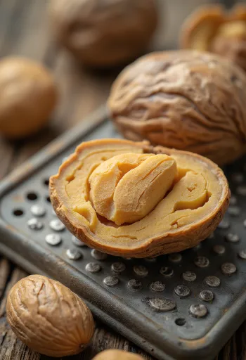 Ολόκληρα και τριμμένα μοσχοκάρυδα με τρίφτη σε ξύλινη επιφάνεια