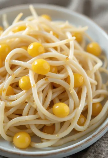 Φρέσκες φύτρες σόγιας σε λευκό πιάτο, τραγανό φυτό βλάστησης