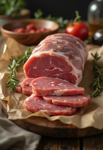 Ωμές φέτες κόντρας αγριογούρουνου με μπαχαρικά σε ξύλο