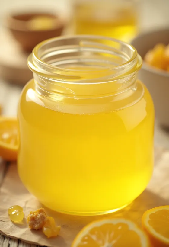 Ghee σε γυάλινο βάζο και με κουτάλι πάνω σε ξύλινη επιφάνεια, σε φυσικό φως