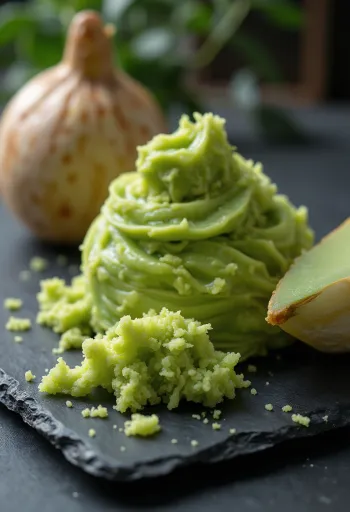 Φρέσκια ρίζα wasabi και πάστα σε τρίφτη και μπολ