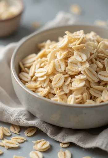 Ωμές νιφάδες βρώμης σε κεραμικό μπολ, σκορπισμένες σε ξύλινη επιφάνεια