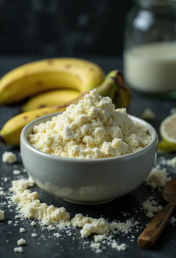 Αλεύρι πράσινης μπανάνας σε μπολ και κουτάλι, περιτριγυρισμένο από πράσινη μπανάνα