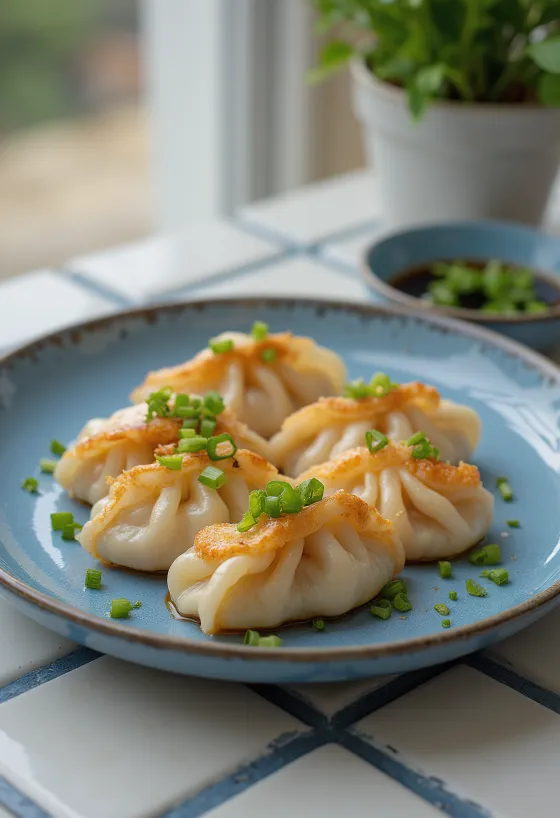 Ιαπωνικά gyoza με θαλασσινά σε ζύμη με τραγανό πάτο, γέμιση γαρίδας, σερβιρισμένα με ντιπ σάλτσας σόγιας