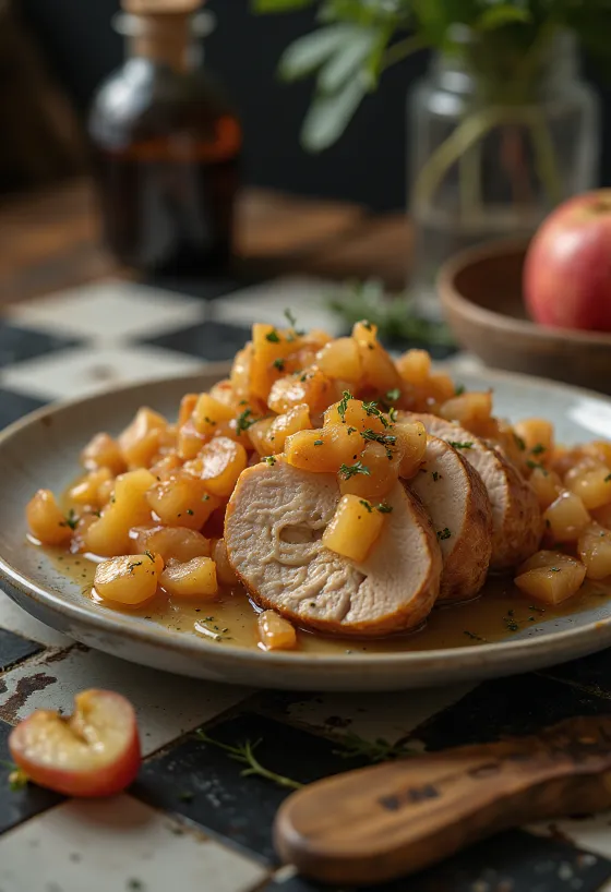 Pork loin σερβιρισμένο με κομπόστα μήλου και γαρνιρισμένο με φρέσκο θυμάρι