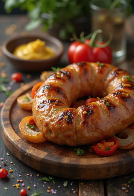 Ψητό λουκάνικο ροδισμένο, με τραγανή πέτσα και σερβιρισμένο με φρέσκα μυρωδικά