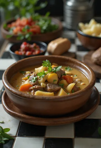 Στιφάδο με τσάι βουτύρου γιακ σερβιρισμένο σε ρουστίκ μπολ με φρέσκα μυρωδικά.