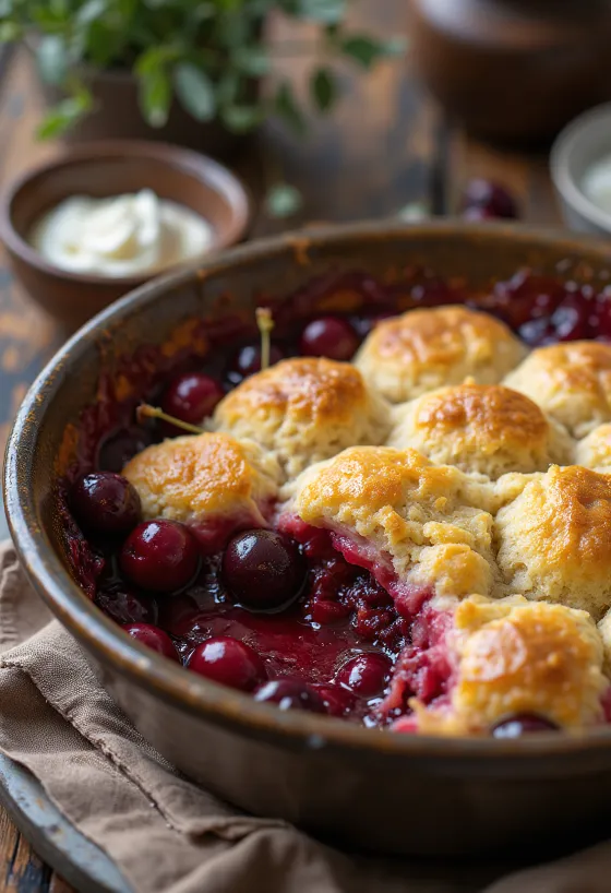 Cobbler με βύσσινο, σερβιρισμένο με φρέσκια ζύμη και σιρόπι βύσσινου