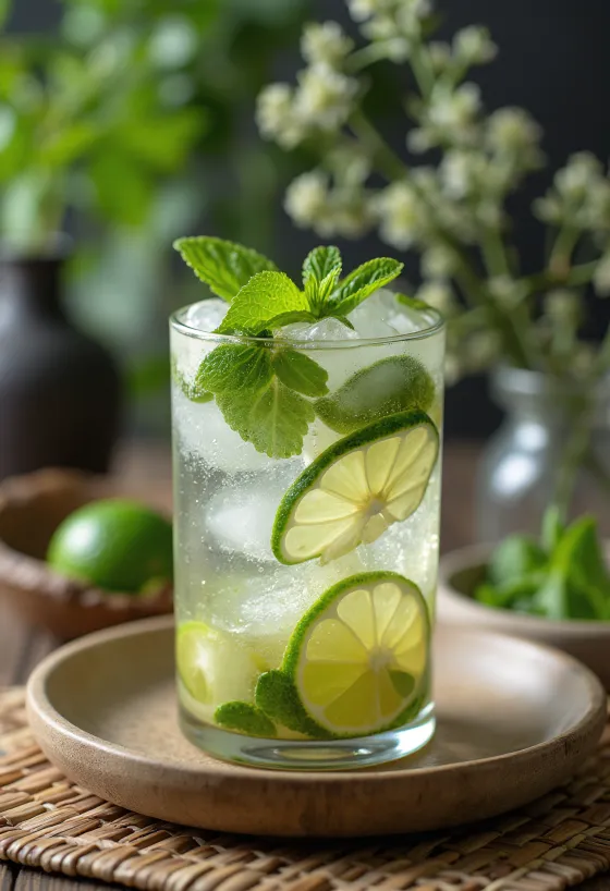 Mojito διακοσμημένο με φρέσκα φύλλα μέντας και φέτες λάιμ