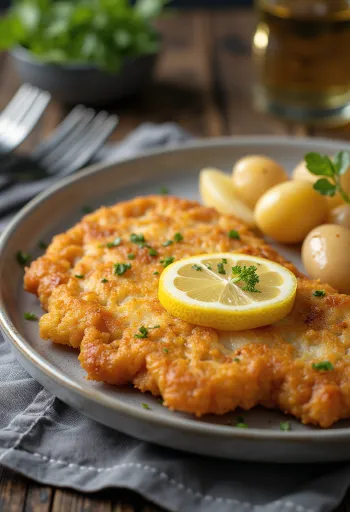 Pork schnitzel με πατάτες, τραγανό χοιρινό και βουτυράτες πατάτες