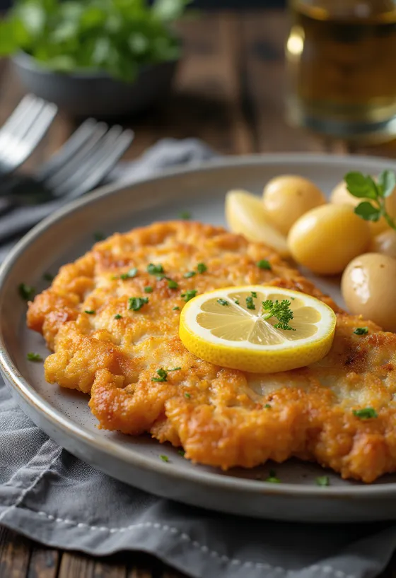 Pork schnitzel με πατάτες, τραγανό χοιρινό και βουτυράτες πατάτες