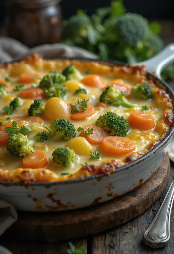 Λαχανικά ογκρατέν σε στρώσεις, ψημένα με τυρί και μπαχαρικά.