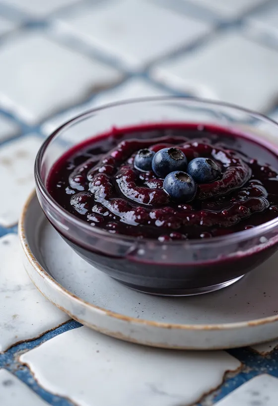 Σάλτσα βαλσάμικου με μύρτιλα και τσίλι σε μπολ, διακοσμημένη με φρέσκα μύρτιλα και φέτες τσίλι.