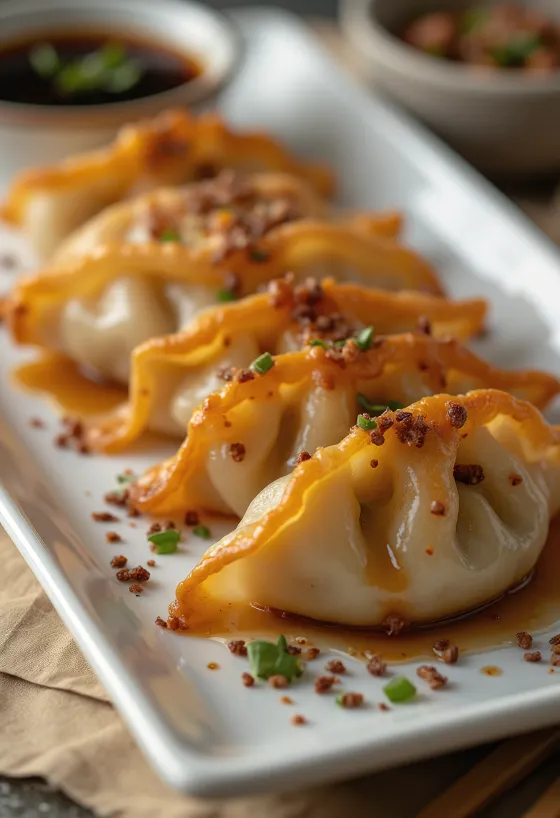 Duck gyoza σερβιρισμένα με κρέας πάπιας στυλ Πεκίνου και ντιπ σάλτσας σόγιας