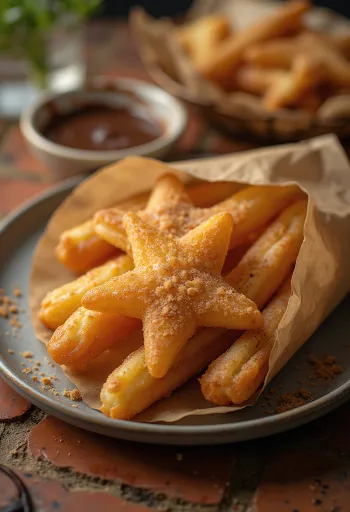 Κλασικά churros, πασπαλισμένα με ζάχαρη κανέλας, φρεσκοτηγανισμένα