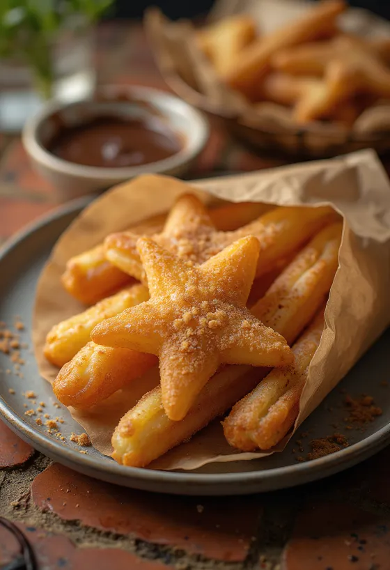Κλασικά churros, πασπαλισμένα με ζάχαρη κανέλας, φρεσκοτηγανισμένα