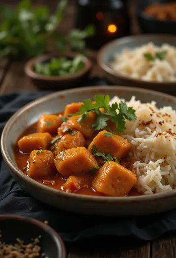 Pork Vindaloo σερβιρισμένο με ρύζι και φρέσκο κόλιανδρο