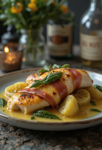 Saltimbocca με αγκινάρες, σερβιρισμένο με φρέσκο φασκόμηλο