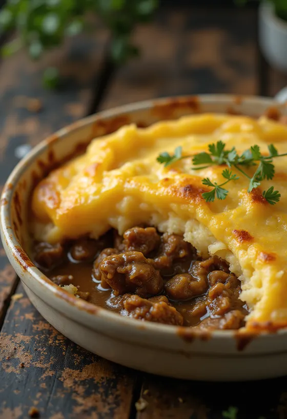 Shepherd’s pie σερβιρισμένη με τραγανή στρώση πουρέ πατάτας