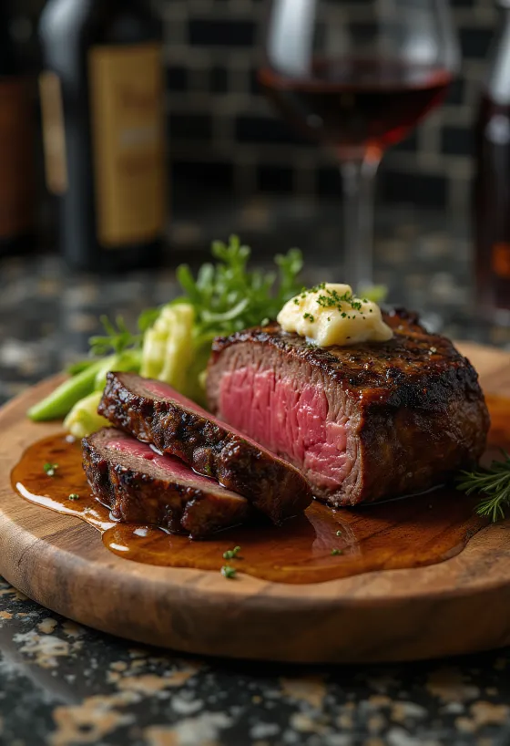 Chateaubriand steak, σερβιρισμένο με λαχανικά ατμού και βούτυρο