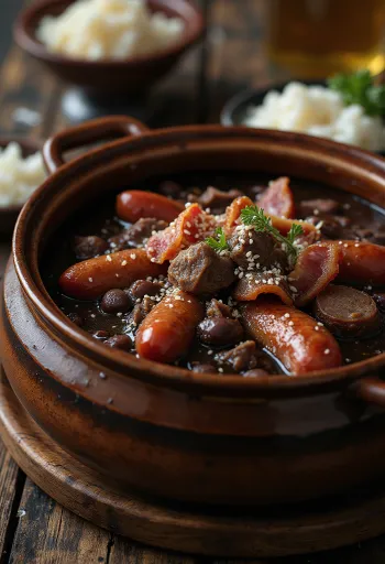 Φεϊζοάντα με παστό μοσχαρίσιο κρέας σερβιρισμένη με φρέσκο μαϊντανό και γαρνιτούρα ρυζιού