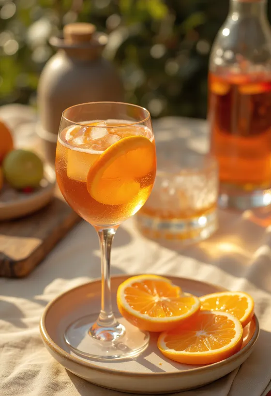 Κοκτέιλ Aperol με Πορτοκάλι σερβιρισμένο με φέτα πορτοκαλιού και πάγο