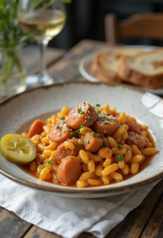 Πάστορταρχονια με καπνιστό λουκάνικο και πατάτες, πασπαλισμένα με φρέσκο μαϊντανό