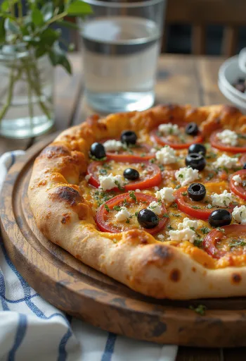 Pizza Greca με τυρί φέτα, μαύρες ελιές και φρέσκια ντομάτα