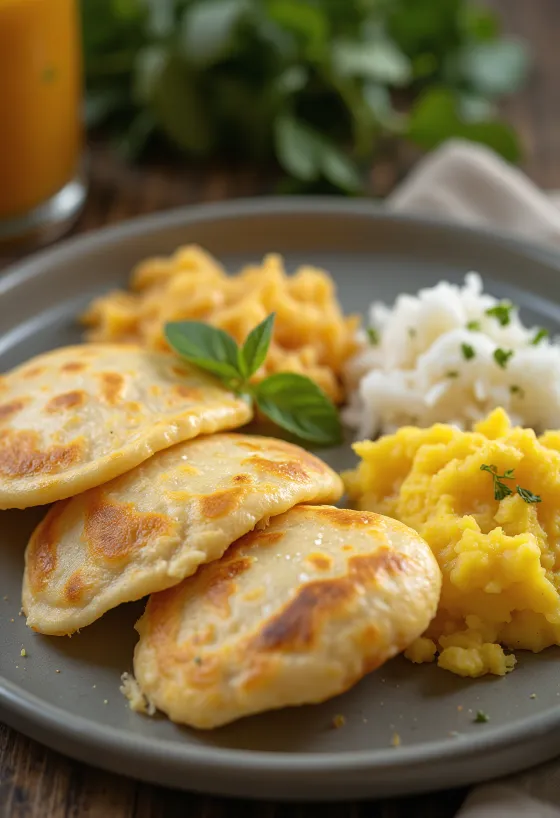 Set dosa σερβιρισμένη με ψητές πατάτες και φρέσκια τριμμένη καρύδα