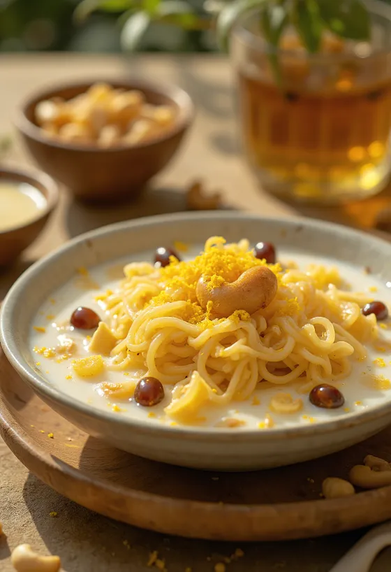 Semiya payasam σερβιρισμένο με φιδέ, σταφίδες και καβουρδισμένα κάσιους