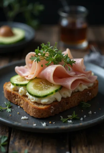 Smørrebrød με ζαμπόν και τυρί, διακοσμημένο με φρέσκο αγγούρι και μαϊντανό.