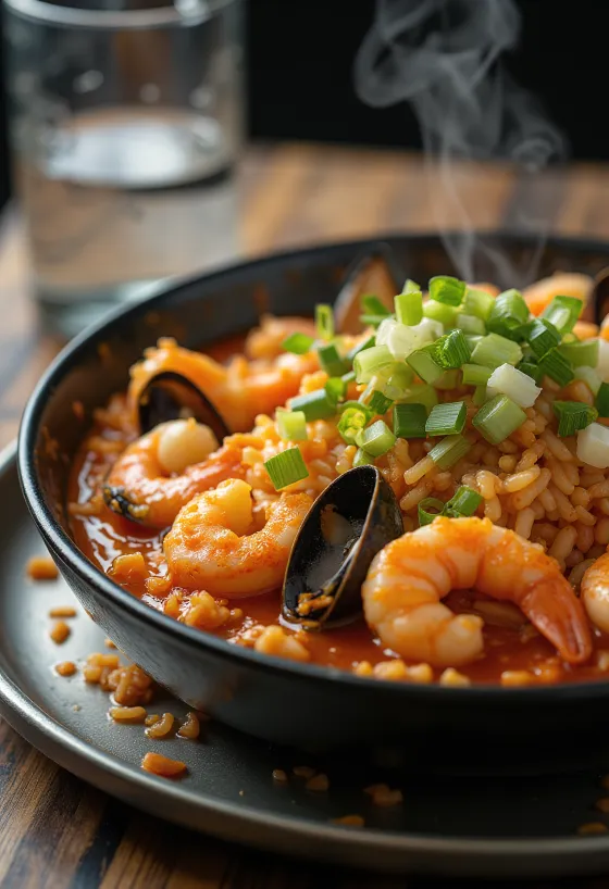 Tteokbokki με θαλασσινά, κορεάτικα ρυζομπαλάκια με πικάντικη σάλτσα, αυγά και kimchi