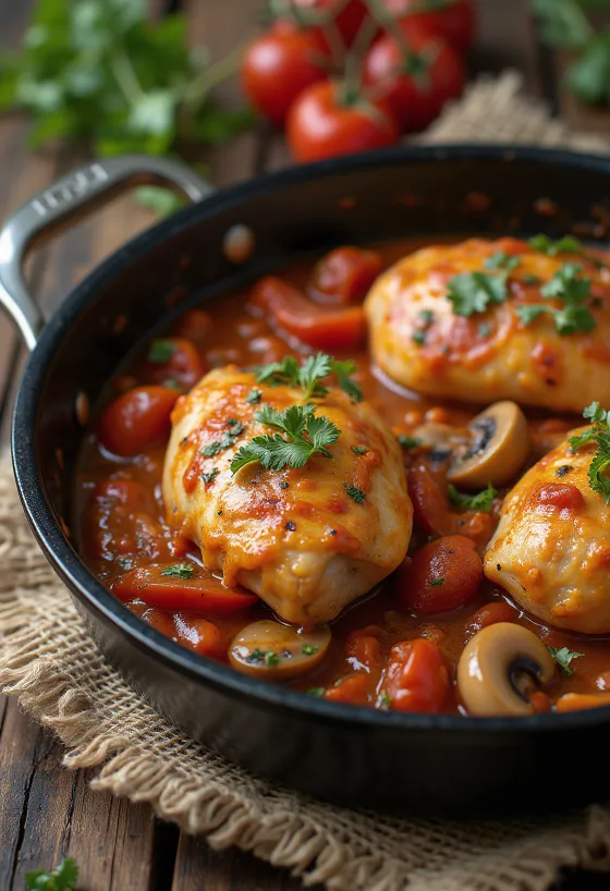 Chicken cacciatore σερβιρισμένο σε τηγάνι με λαχανικά